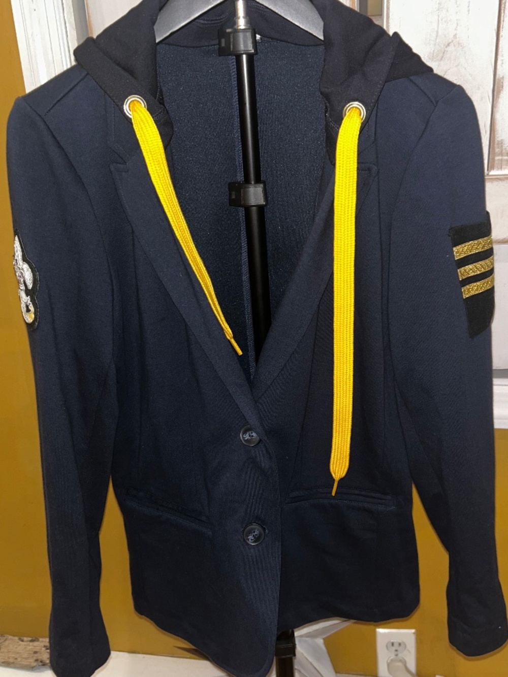 Miller Wendt Navy Hooded Blazer Jacket Gold Trim Patch Women's Medium